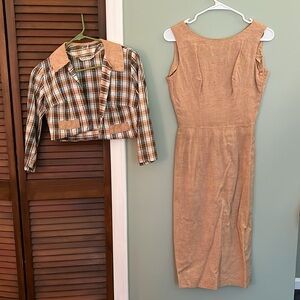 Vintage 50s Judy Wayne Dress grey Brown Plaid Jacket 2 piece Set